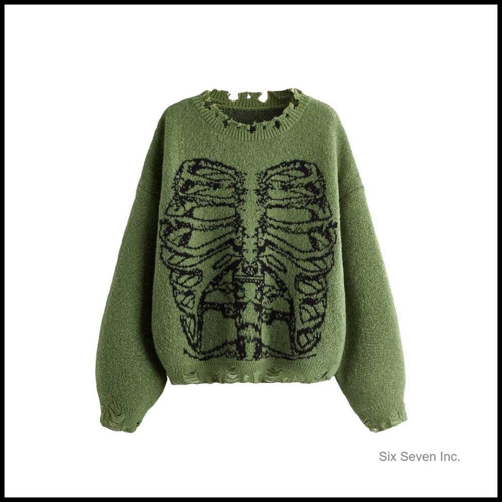 Oversized Skeleton Pattern Ripped Pullover Sweate… - image 1